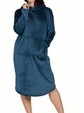 32 Degrees Cozy Plush Sleep Lounger Dress Soft Velour, Deep Baltic Teal S / M
